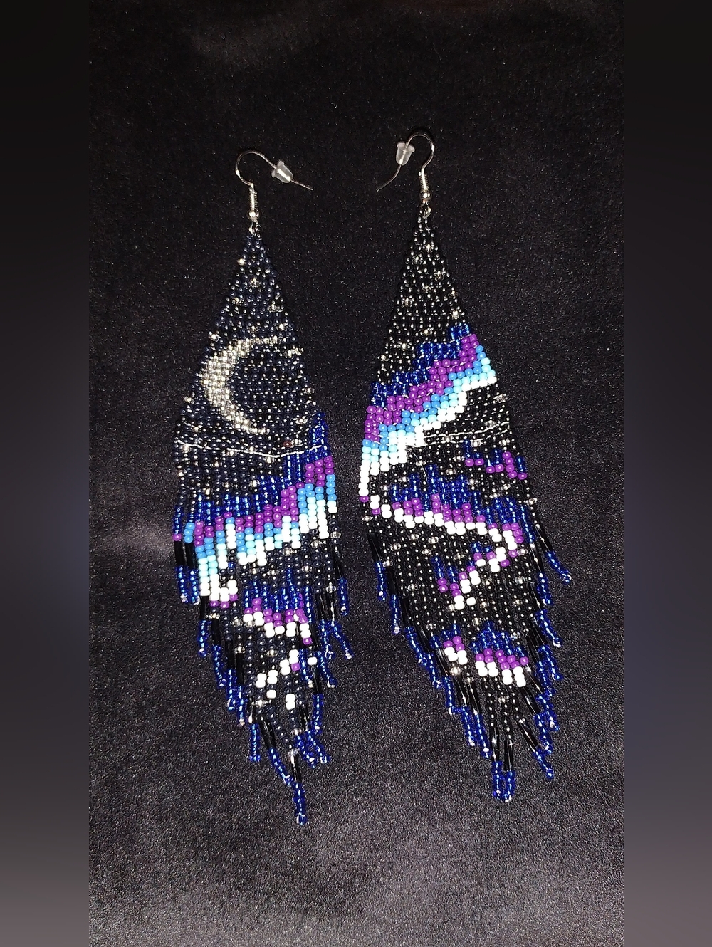 Crescent Moon Bohemian Boho Black Blue Purple White Beaded Bead Tassel Earrings